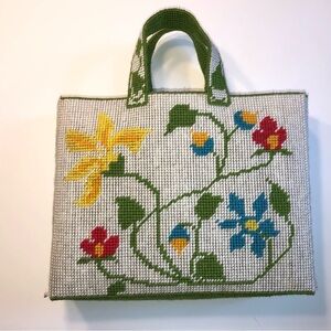 Vintage 70's Needlepoint Embroidered Floral Tote Grandmacore Carpet Purse